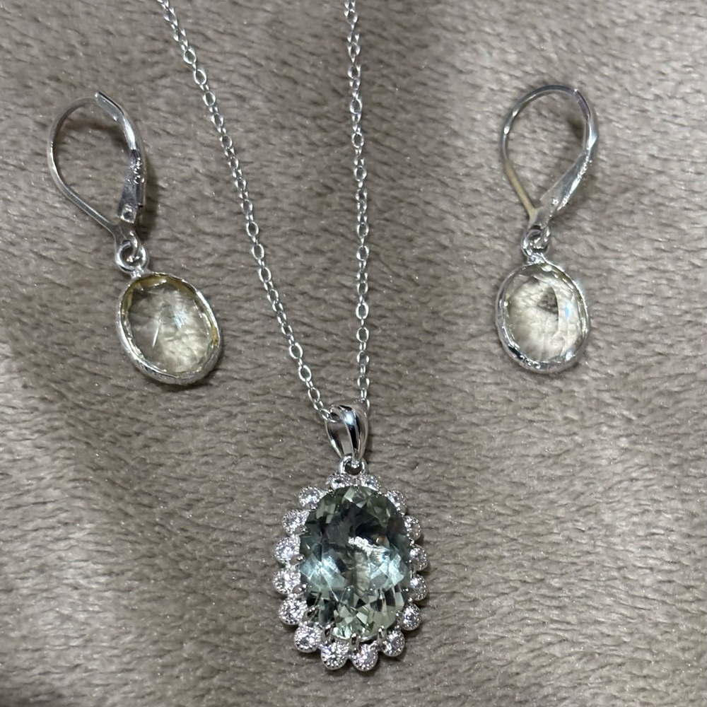 Green Prasiolite Rhodium Over Sterling Silver Necklace & dangle earrings set